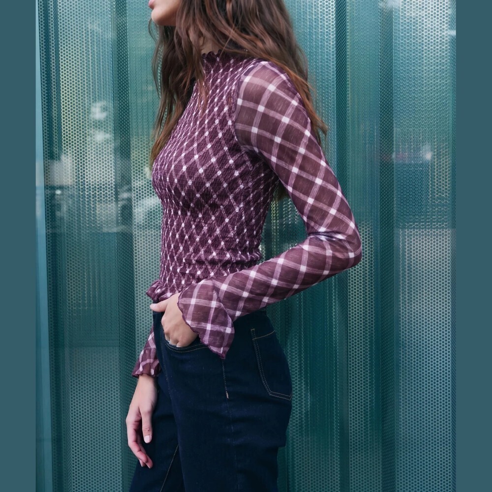Plum Purple Sheer Plaid Smocked Mock Neck Ruffle Fitted Long Sleeve Tee Top